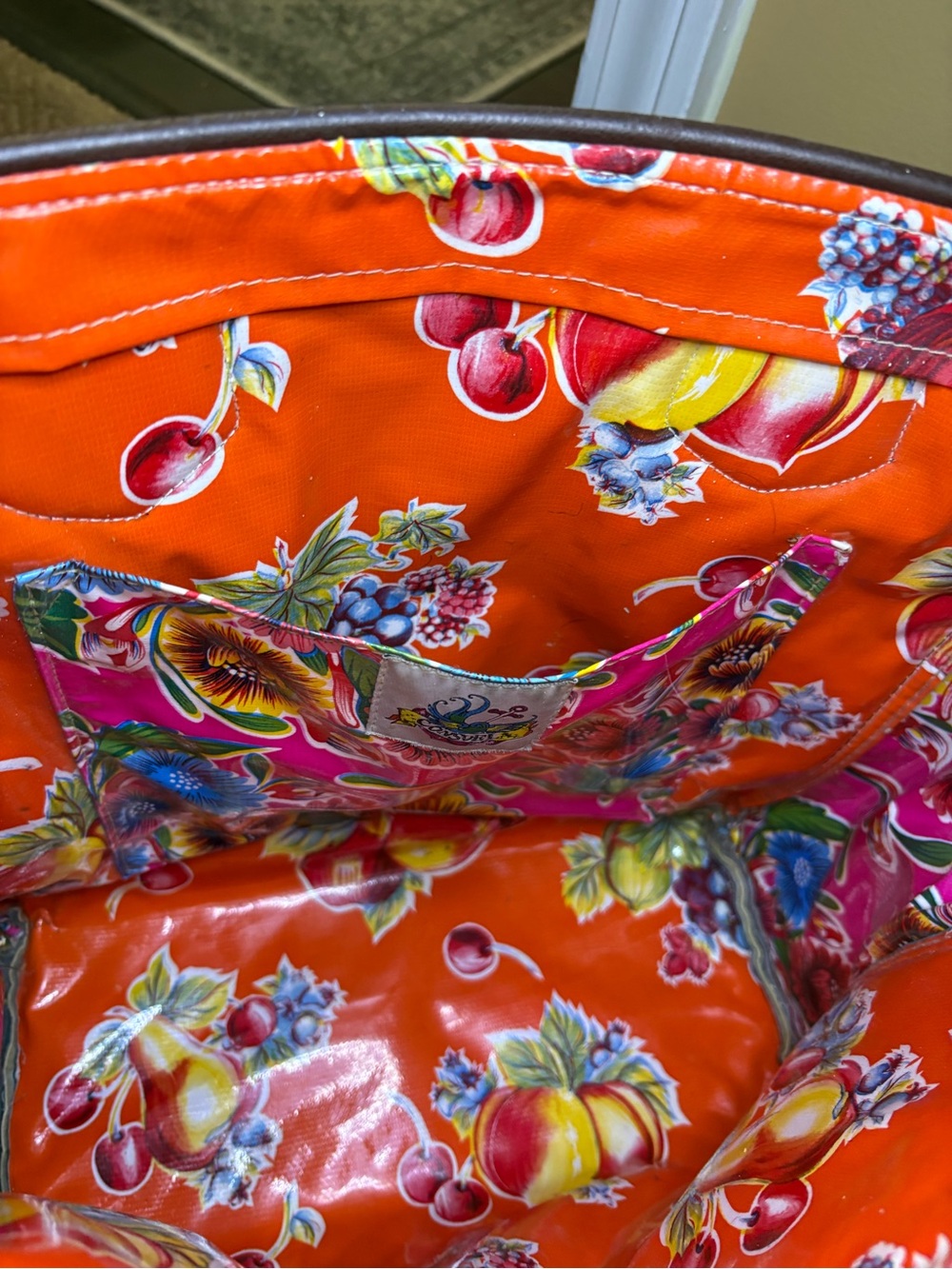 Consuela Teal Quilted Tote with Floral Side Panels and Striped Handles - Picture 6 of 12